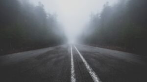 霧のかかった林道